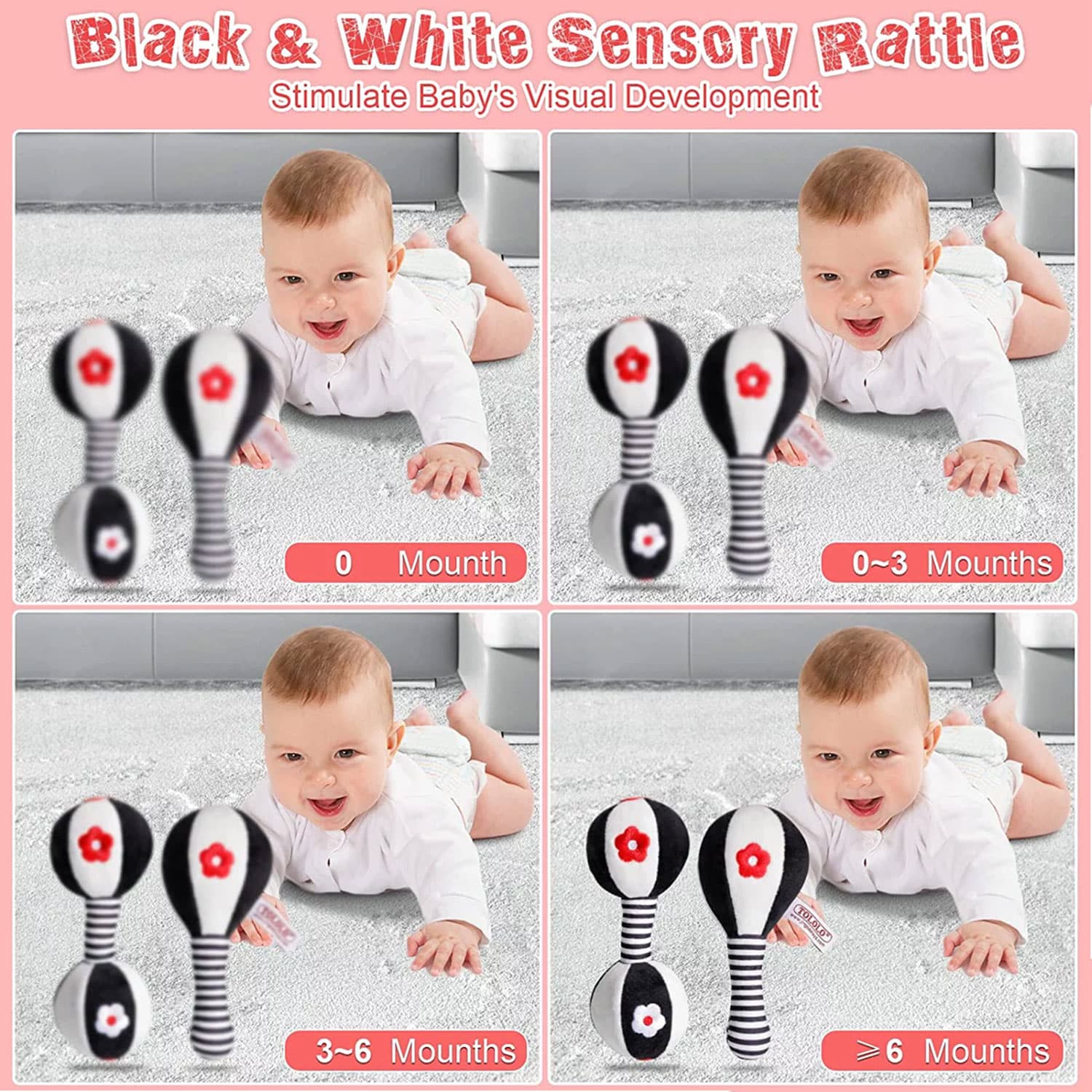BUBABOX Baby Dumbbell Toy Rattle Set Black and White Soft Rattles for Baby Newborn Baby Toys 0 3 6 9 12 Months Boys Girls Gifts - Image 3
