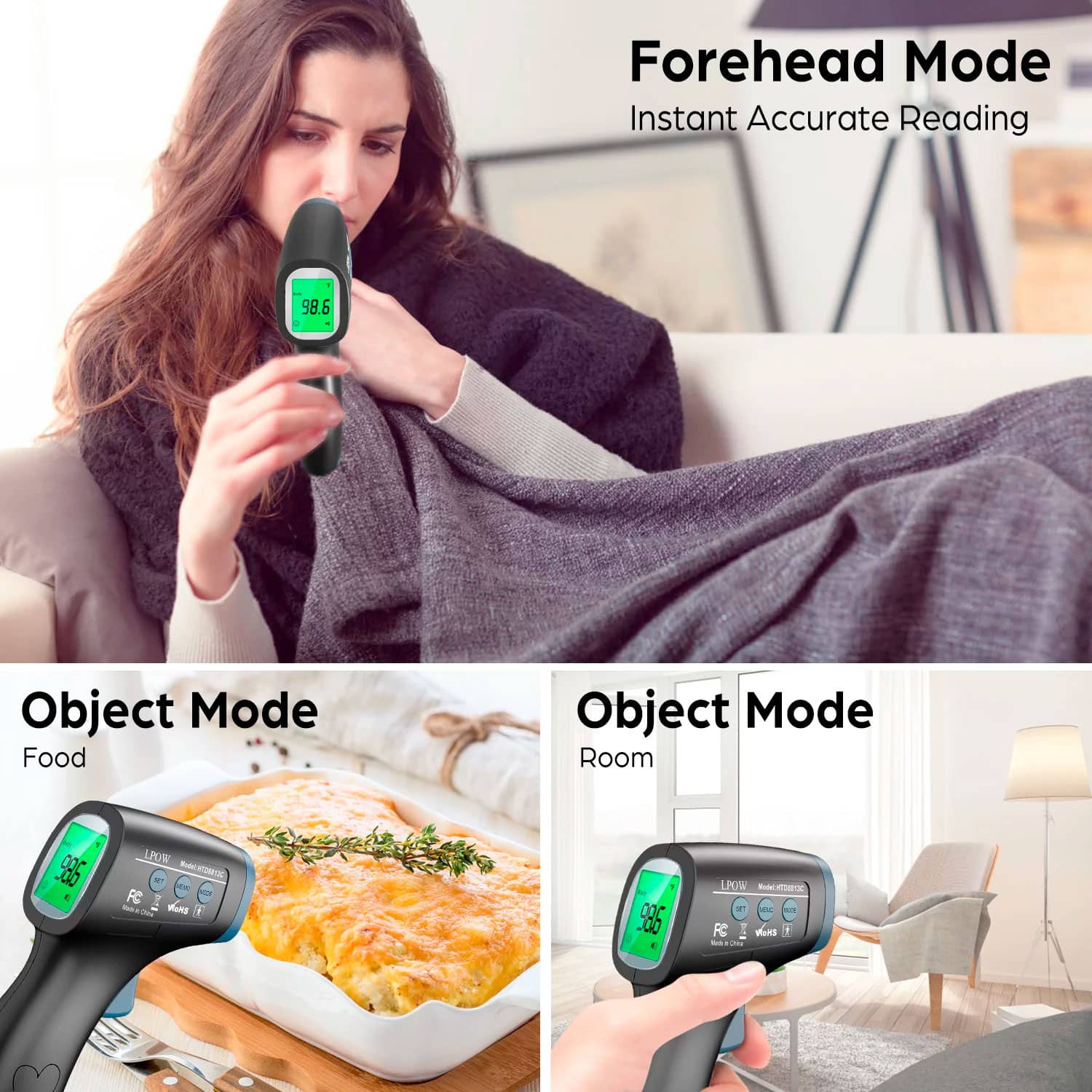 LPOW Forehead Digital Thermometer,The Non-Contact Infrared Thermometer for Babies,Kids&Adults,1s Fast Reading with 3 Colors Backlight Fever Alarm and 50 Memories Recall - Image 4